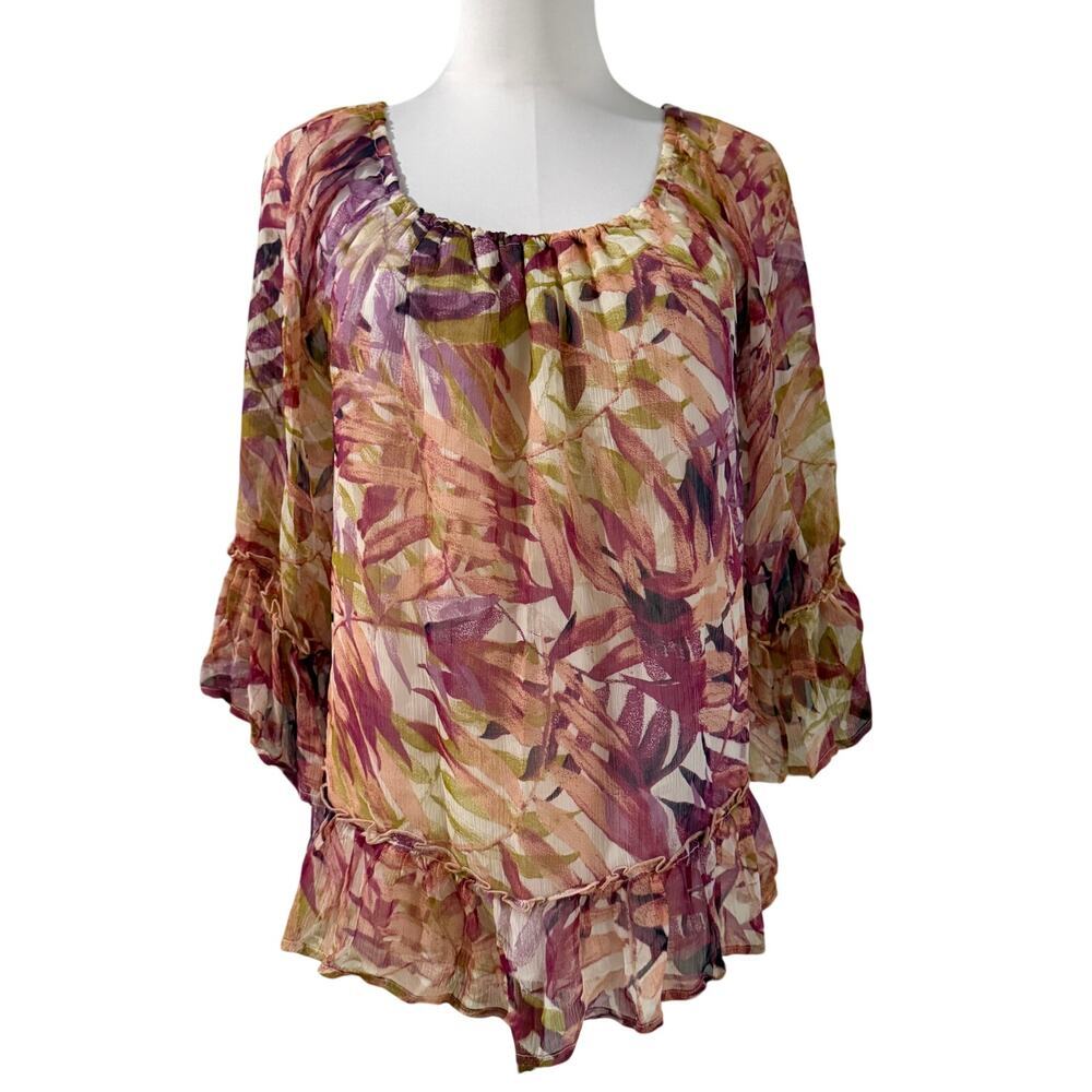 Lucky Brand Floral Peasant Blouse Medium Boho Bell Sleeve Romantic Work Casual